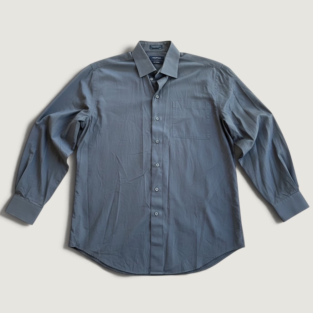 Nautica Mens Soft Poplin Cotton Button Down Shirt Gray 16 34/35 XL Long Sleeve